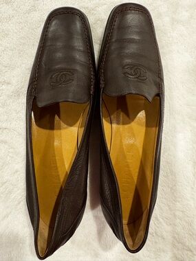 CHANEL Brown Leather Slip-On Loafers